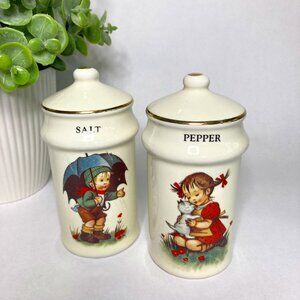 Vintage Salt Pepper Shakers by J.S.N.Y. Taiwan Girl With Kitten Boy And Umbrella